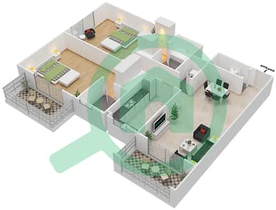 المخططات الطابقية لتصميم الوحدة 209 شقة 2 غرفة نوم - كيو بوينت