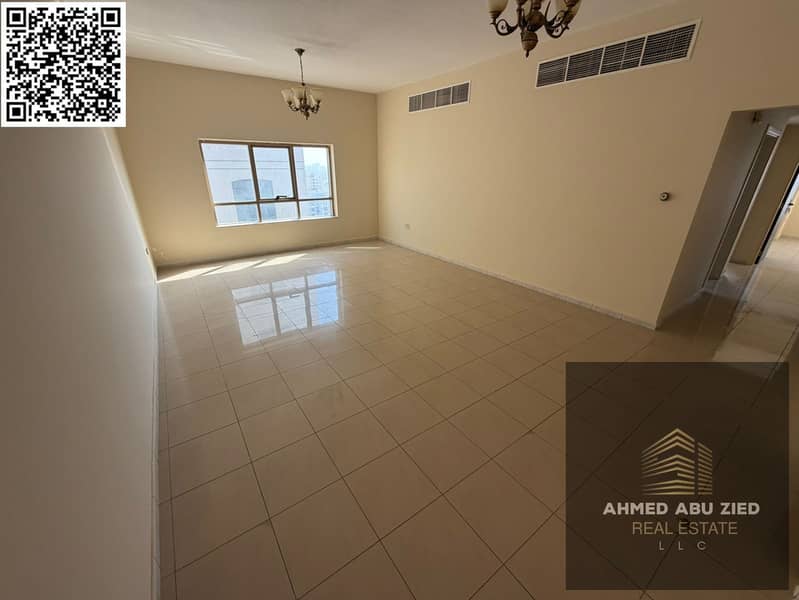 Two large master bedrooms and a living room for annual rent on Ajman Corniche | 3 bathrooms | Balcony with open sea view | Central air conditioning |