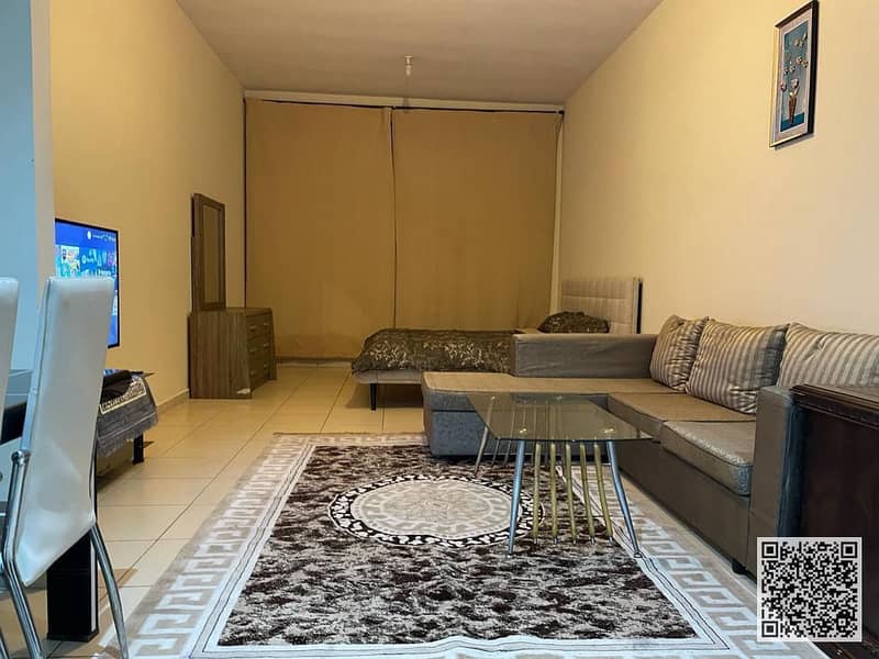 A luxurious studio open view with a semi-detached kitchen, fully furnished, elegant furniture and a fully equipped kitchen with parking and garden