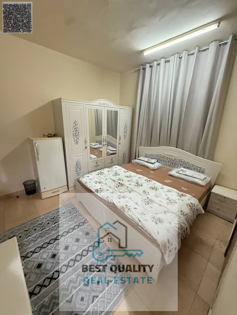 Furnished studio apartment for monthly rent in Ajman, Al Bustan area, next to the city police station.
