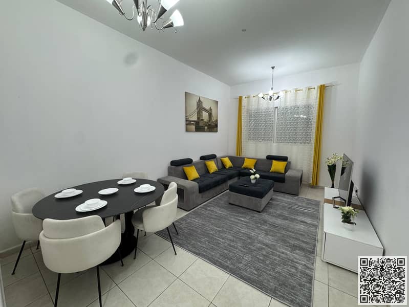 Luxury apartment for monthly rent, one bedroom and a hall with an open view, fully furnished with elegant furniture and a fully equipped kitchen