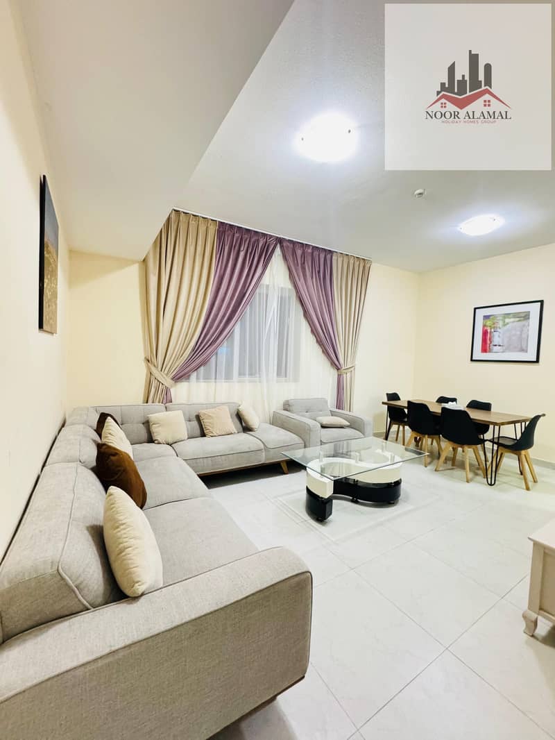 Sharjah, Al Taawun area: Two bedrooms, living room, kitchen, and two bathrooms, next to Oriana Hotel. Super deluxe furnishings