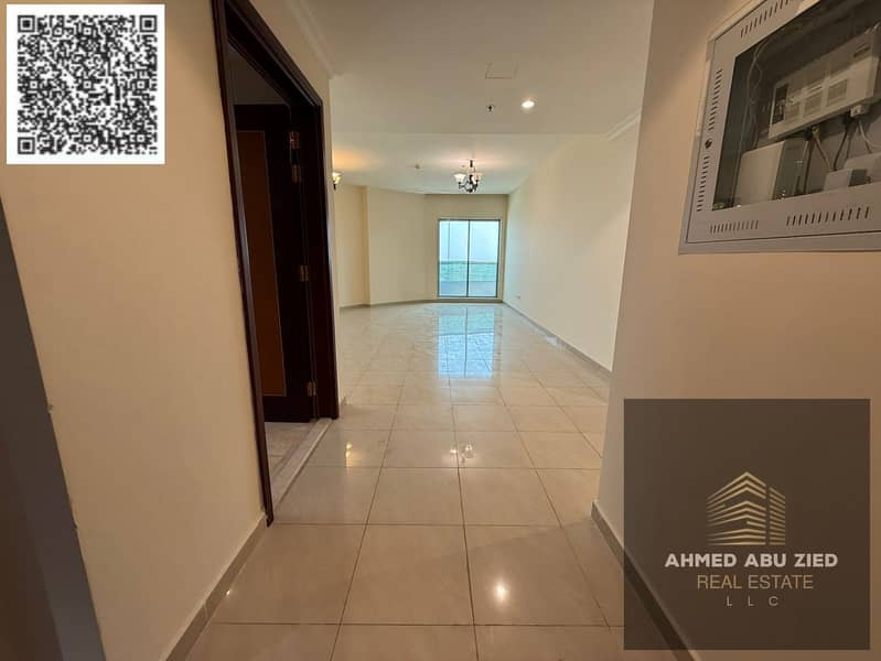 Largest 3-bedroom apartment in Conquer Tower, 2500 sq ft with two balconies, priced at AED 64,000. Features include open views and a prime, vibrant lo