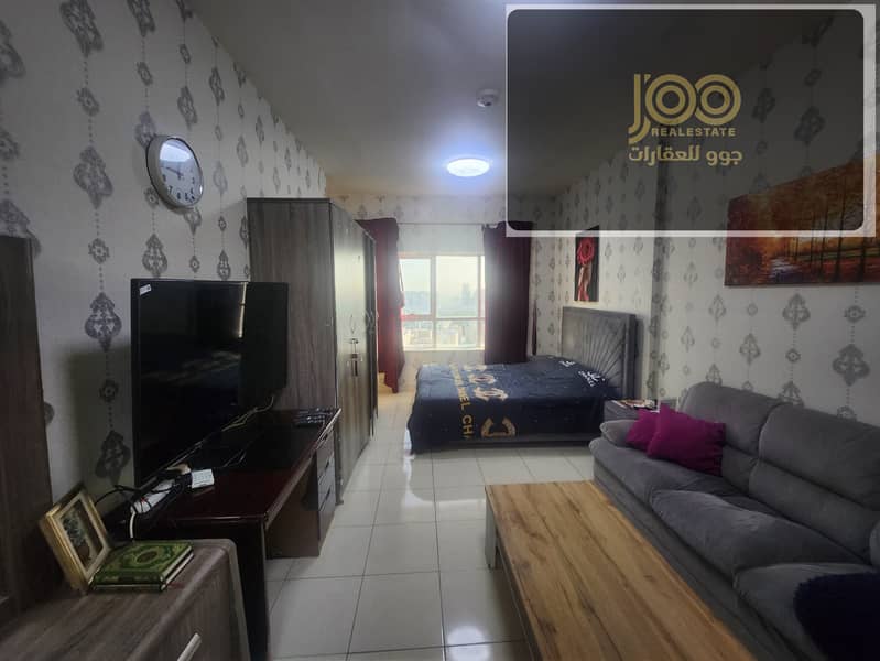 Furnished studio for rent in Orient Towers, Liwara Al Bustan, rent AED 3,000, deposit AED 500. Joo Real Estate –
