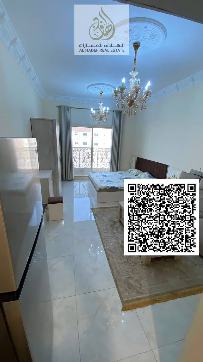 Furnished studio with balcony in Al Jurf 2, close to Delta, the courthouse, university, traffic department, and schools. Rent is 34,800 EGP payable in