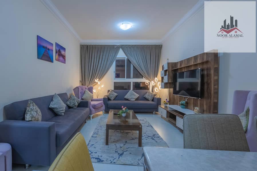 Sharjah, Al Taawun, next to Oriana Hotel. Two bedrooms, living room, kitchen, two bathrooms, and a balcony with a sea view.