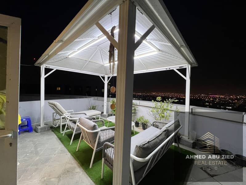 Two bedrooms, a living room, a master bedroom, three bathrooms, a balcony with a large 3700 sq ft rooftop terrace, a kitchen with a storage area, and