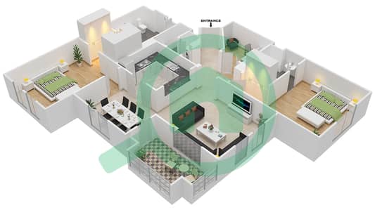 扎法兰3号楼 - 2 卧室公寓单位2 FLOOR 1-5戶型图