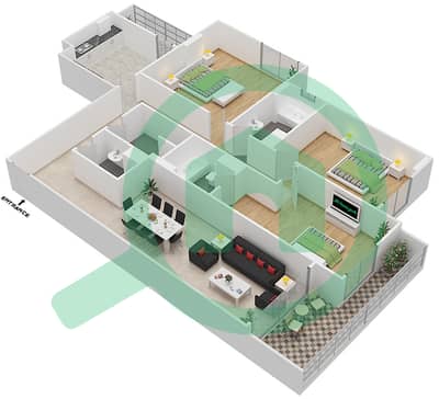 المخططات الطابقية لتصميم الوحدة 202 H شقة 3 غرف نوم - جناين أفينيو