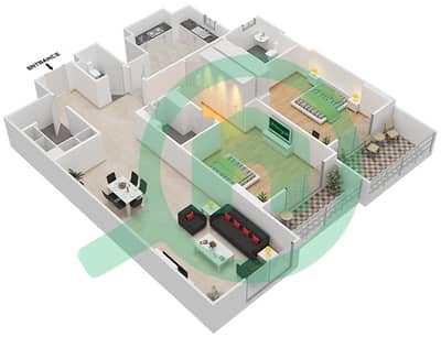 المخططات الطابقية لتصميم الوحدة 102 A شقة 2 غرفة نوم - جناين أفينيو