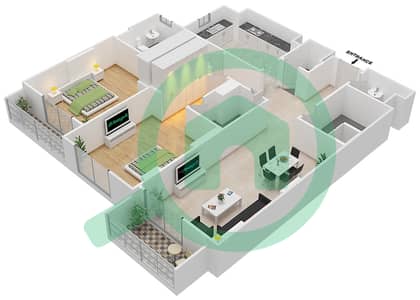 المخططات الطابقية لتصميم الوحدة 301 A شقة 2 غرفة نوم - جناين أفينيو