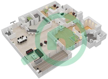 المخططات الطابقية لتصميم النموذج C شقة 3 غرف نوم - مساكن فيرمونت النخلة شمال