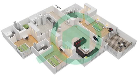 费尔蒙棕榈公寓北区 - 3 卧室公寓类型D戶型图
