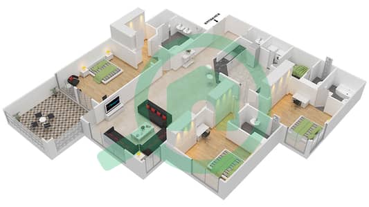 المخططات الطابقية لتصميم النموذج D شقة 3 غرف نوم - مساكن فيرمونت النخلة جنوب