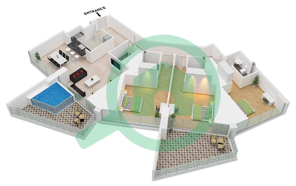 Type 2 Unit 2,4, Floor 39 Binghatti Royale - Plano de planta de 3 habitaciones Apartamento Tipo/unidad 2 / UNIT 2,4, FLOOR 39 Type 2 Unit 2,4, Floor 39 interactive3D