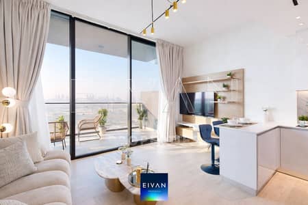 شقة 1 غرفة نوم للايجار في قرية جميرا الدائرية، دبي - Modern living room with city views. png