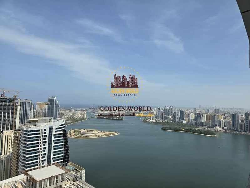 1BR in Al Majaz 3 Al Qasba, hall balcony, sea view, master, 2 baths, parking, gym & pool, AED 47,500.