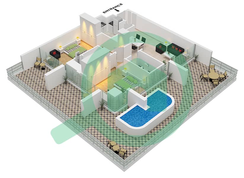 Binghatti Luxuria - 2 Bedroom Apartment Type 1 Floor plan interactive3D