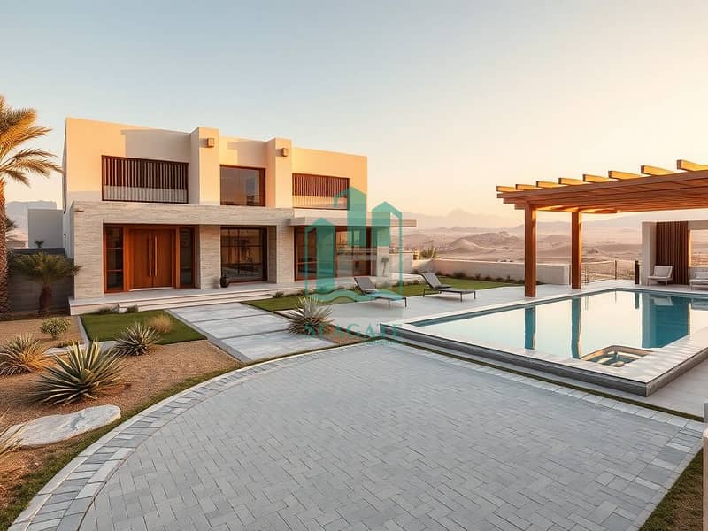 2 Create_a_new_high_quality_exterior_view_of_a_modern_luxury_villa_in_Al_Mawahat_UAE_at_golden_hour_late_afternoon_warm_light_. _Scene_three_quarter_elevated_vantage_showing_main_fa_ade_entrance_courtyard_infinity_pool_. jpeg