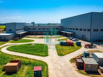 Labour Camp te Huur in Industrial Area, Sharjah - An_exterior_view_of_a_large_labor_camp_showcasing_a_modern_industrial_style_building. _The_structure_features_metal_siding_a_flat_roof_and_numerous_windows. _In_front_of_the_building_there_are_pathways_leading_to_diffe. jpeg