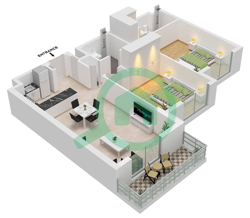 The Hamilton - Planimetria del piano di 2 Camere Appartamento Tipo J interactive3D