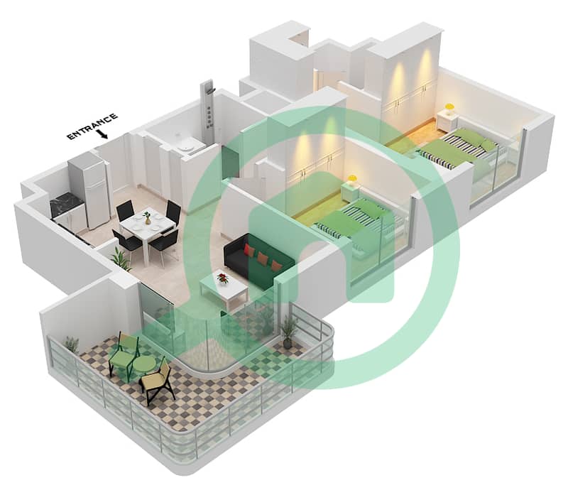 المخططات الطابقية لتصميم النموذج E شقة 2 غرفة نوم - سيمفوني أون ذا بارك interactive3D