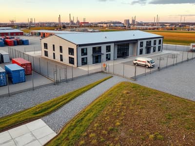 Labour Camp for Rent in Al Jurf, Ajman - An_exterior_view_of_a_staff_accommodation_building_situated_in_an_industrial_location. _The_structure_embodies_a_functional_and_modern_design_featuring_flat_roofs_and_large_windows. _Surrounding_the_building_are_fenced. jpeg Labour Camp for Rent in Al Jurf, Ajman - An_exterior_view_of_a_staff_accommodation_building_situated_in_an_industrial_location. _The_structure_embodies_a_functional_and_modern_design_featuring_flat_roofs_and_large_windows. _Surrounding_the_building_are_fenced. jpeg