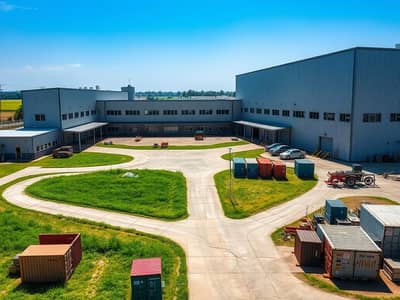 Labour Camp te Huur in Industrial Area, Sharjah - An_exterior_view_of_a_large_labor_camp_showcasing_a_modern_industrial_style_building. _The_structure_features_metal_siding_a_flat_roof_and_numerous_windows. _In_front_of_the_building_there_are_pathways_leading_to_diffe. jpeg