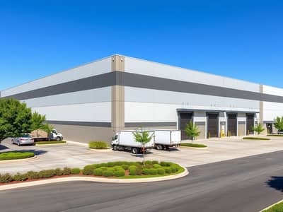 مستودع للبيع في مدينة الإمارات الصناعية، الشارقة - An_exterior_view_of_a_large_modern_warehouse_building_showcasing_its_sleek_architecture_and_expansive_facade. _The_warehouse_features_loading_docks_with_large_roll_up_doors_surrounded_by_a_concrete_parking_lot. _There_. jpeg مستودع للبيع في مدينة الإمارات الصناعية، الشارقة - An_exterior_view_of_a_large_modern_warehouse_building_showcasing_its_sleek_architecture_and_expansive_facade. _The_warehouse_features_loading_docks_with_large_roll_up_doors_surrounded_by_a_concrete_parking_lot. _There_. jpeg