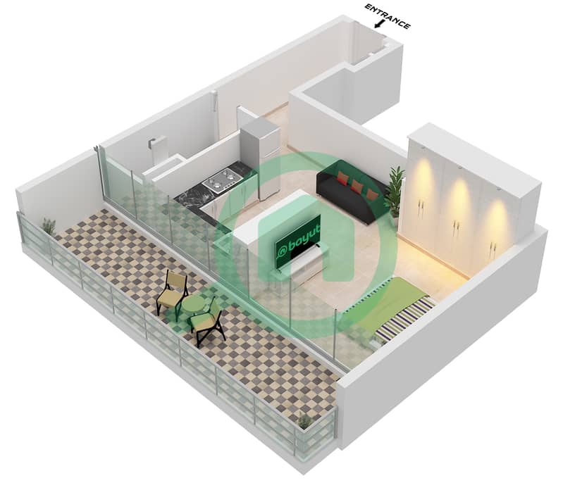 Binghatti Azure - Plano de planta de Estudio Apartamento Tipo F Type F interactive3D