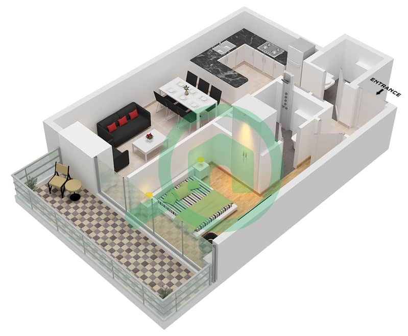 Binghatti Azure - Plano de planta de 1 habitación Apartamento Tipo D Type D interactive3D
