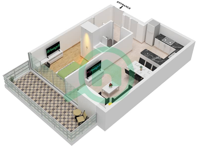Type E Binghatti Azure - 1 Bedroom Apartment Type E Floor plan Type E interactive3D