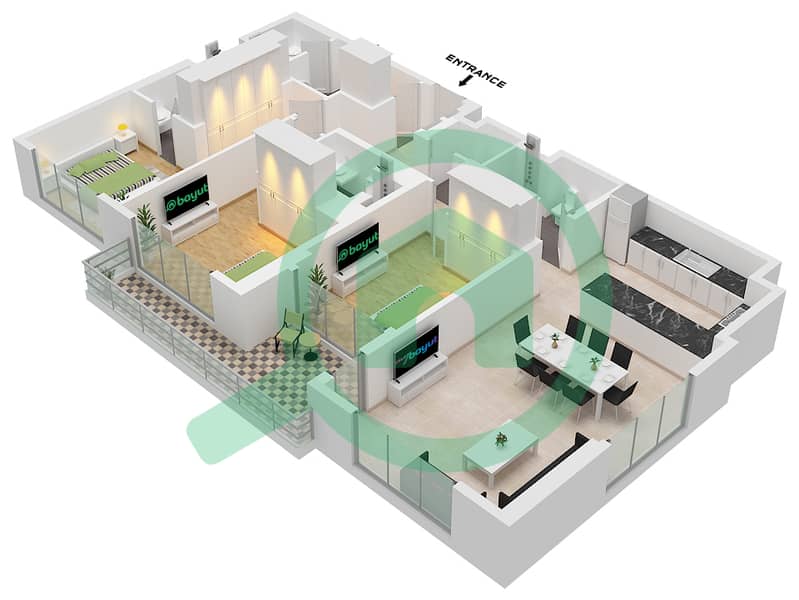 Crest Grande - 3 Bedroom Apartment Type A FLOOR 15-22,24-42 Floor plan interactive3D