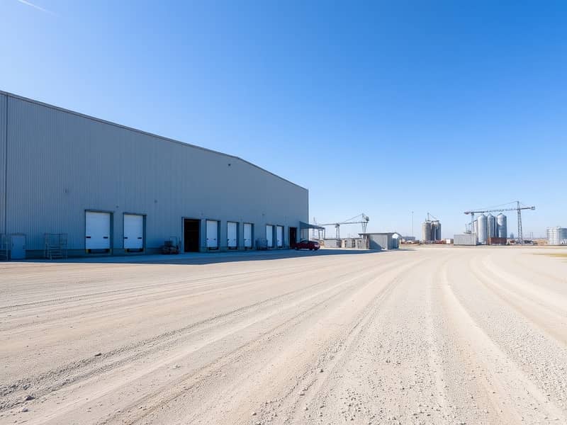 2 An_empty_industrial_land_plot_with_a_large_warehouse_structure_prominently_featured. _The_warehouse_has_a_metal_facade_with_large_loading_docks_and_a_few_vehicles_parked_outside. _Nearby_there_is_a_labour_camp_with_sim. jpeg
