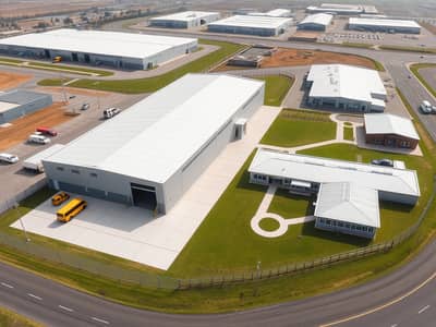 مستودع  للبيع في الجرف، عجمان - Ultra_detailed_aerial_drone_photo_of_an_industrial_facility_campus_landscape_orientation. _Foreground_a_large_modern_warehouse_building_with_light_gray_metal_siding_and_a_bright_white_roof_long_loading_bay_facade_with. jpeg