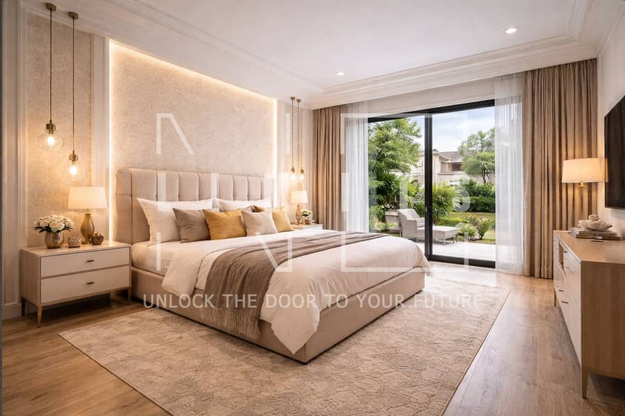 3 Elegant master bedroom with garden view. png