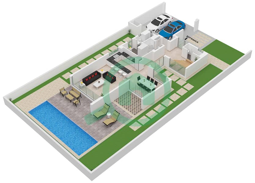 المخططات الطابقية لتصميم النموذج E1 فیلا 3 غرف نوم - سيدرا 2 Floor Ground interactive3D