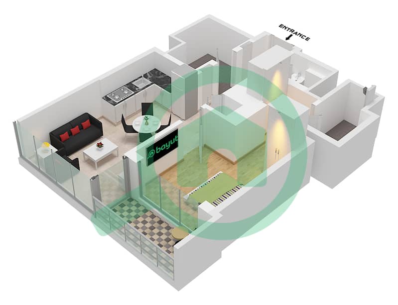 Sobha Orbis Tower B - 1 Bedroom Apartment Type/unit E / UNIT 1 FLOOR 24-34 Floor plan Type E Unit 1 Floor 24-34 interactive3D