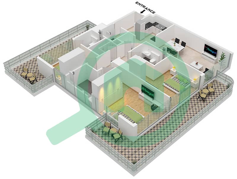241 Waterside - Planimetria del piano di 3 Camere Appartamento Tipo/unità A / UNIT 1 FLOOR 1 interactive3D
