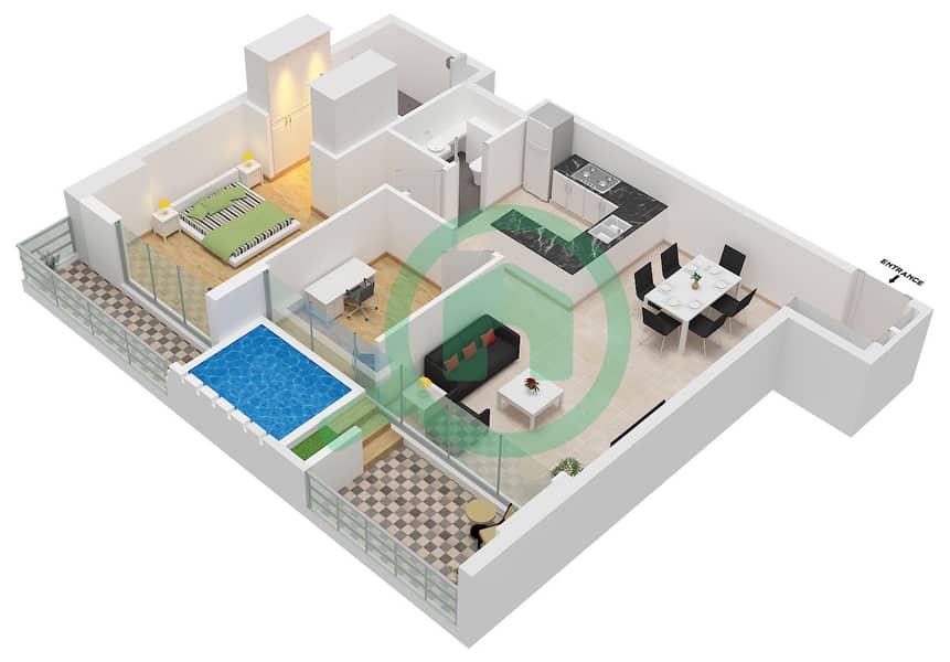 Gharbi I Residences - 1 Bedroom Apartment Type/unit 4 / UNIT 1 FLOOR 1-12 Floor plan interactive3D