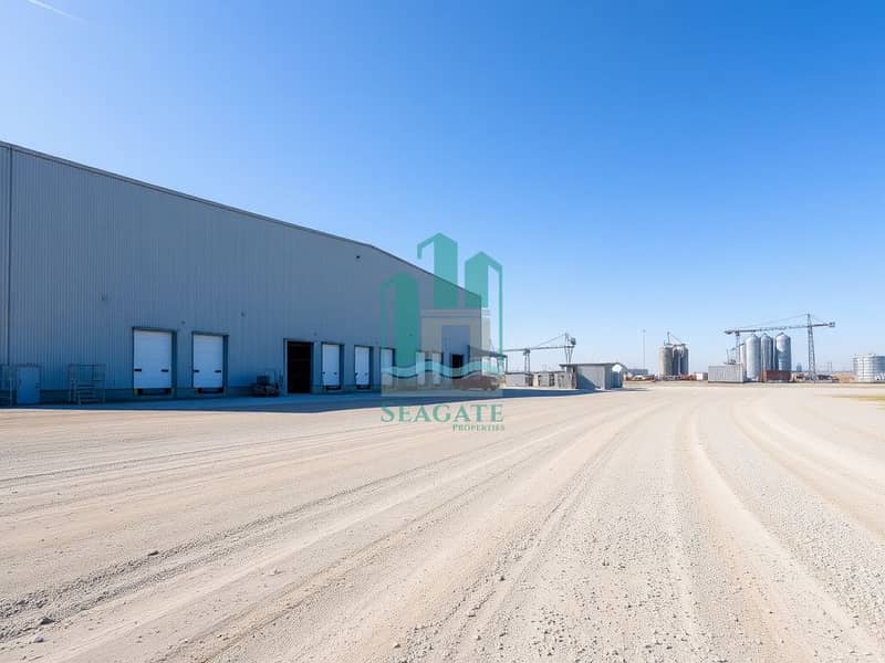 2 An_empty_industrial_land_plot_with_a_large_warehouse_structure_prominently_featured. _The_warehouse_has_a_metal_facade_with_large_loading_docks_and_a_few_vehicles_parked_outside. _Nearby_there_is_a_labour_camp_with_sim. jpeg