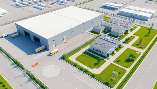 Склад Продажа в Аль Джурф, Аджман - A_realistic_architectural_3D_render_aerial_view_of_an_industrial_site_layout_a_large_warehouse_building_in_the_front_with_a_loading_dock_trucks_and_parking_area_perimeter_fencing_and_a_security_gate. _Behind_the_wareh. jpeg Склад Продажа в Аль Джурф, Аджман - A_realistic_architectural_3D_render_aerial_view_of_an_industrial_site_layout_a_large_warehouse_building_in_the_front_with_a_loading_dock_trucks_and_parking_area_perimeter_fencing_and_a_security_gate. _Behind_the_wareh. jpeg