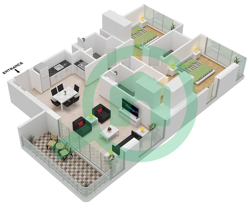 Address Residences Al Marjan Island - 2 Bedroom Apartment Type/unit 2A / UNIT 2 FLOOR 2-16 Floor plan interactive3D