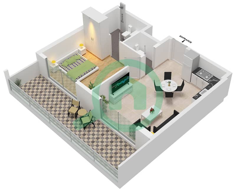 Equiti Home A - Planimetria del piano di 1 Camera Appartamento Tipo/unità A2 / UNIT 3,10 FLOOR 1-8 interactive3D
