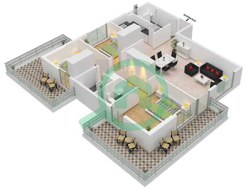 Equiti Home A - Planimetria del piano di 3 Camere Appartamento Tipo/unità A1 / UNIT 1 FLOOR 2-8 interactive3D