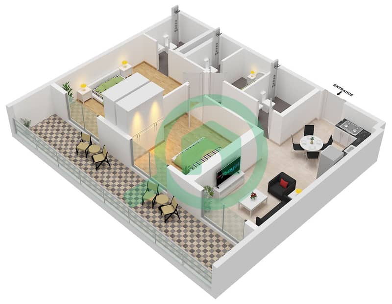 Equiti Home B - Planimetria del piano di 2 Camere Appartamento Tipo/unità C / UNIT 15 FLOOR 1 interactive3D