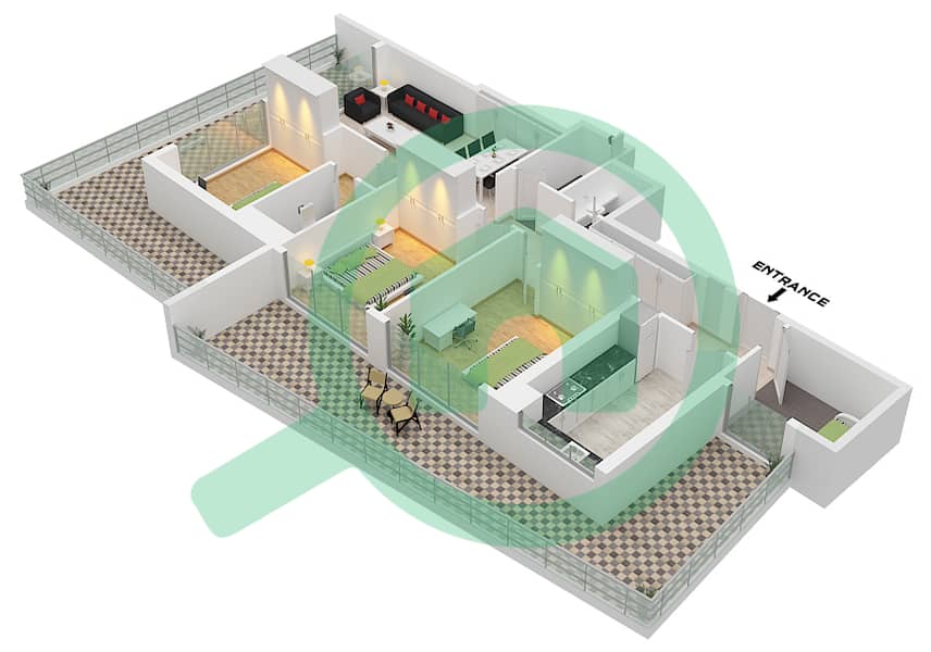 Binghatti Creek - Planimetria del piano di 3 Camere Appartamento Tipo 1 interactive3D