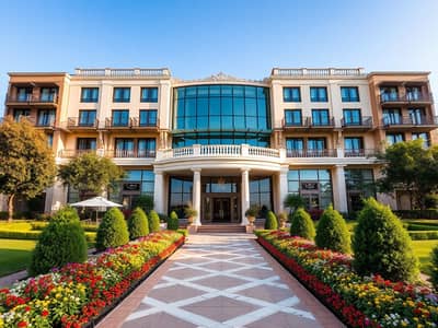 مبنى سكني 10+ غرف نوم للبيع في النخيل، عجمان - A_stunning_hotel_exterior_view_from_the_front_showcasing_an_elegant_architecture_with_large_glass_windows_a_grand_entrance_and_beautifully_landscaped_gardens. _The_hotel_features_a_combination_of_modern_and_classic_de. jpeg مبنى سكني 10+ غرف نوم للبيع في النخيل، عجمان - A_stunning_hotel_exterior_view_from_the_front_showcasing_an_elegant_architecture_with_large_glass_windows_a_grand_entrance_and_beautifully_landscaped_gardens. _The_hotel_features_a_combination_of_modern_and_classic_de. jpeg