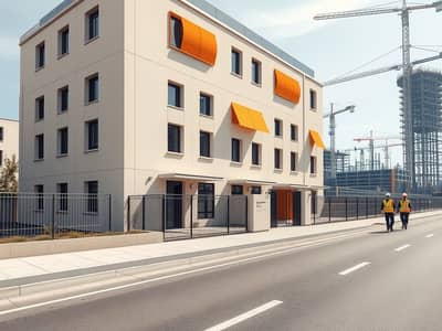 Labour Camp for Sale in Al Sajaa Industrial, Sharjah - A_realistic_daytime_exterior_architectural_view_outside_view_of_a_modern_staff_accommodation_building_for_a_construction_project. _The_building_is_3_4_storeys_simple_rectangular_massing_light_beige_cream_facade_panels. jpeg