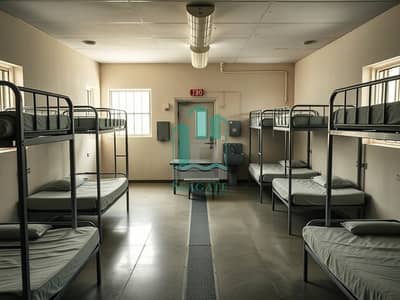 Labour Camp for Sale in Al Sajaa Industrial, Sharjah - A_realistic_interior_photo_of_a_shared_dormitory_bedroom_designed_for_a_labor_camp_showing_6_person_occupancy. _The_room_is_spacious_institutional_and_sparse_six_single_metal_bunk_beds_arranged_in_two_rows_of_three_wi. jpeg